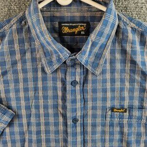Wrangler XL Blue Brown White Plaid Short Sleeve Button Up Shirt 100% Cotton Men